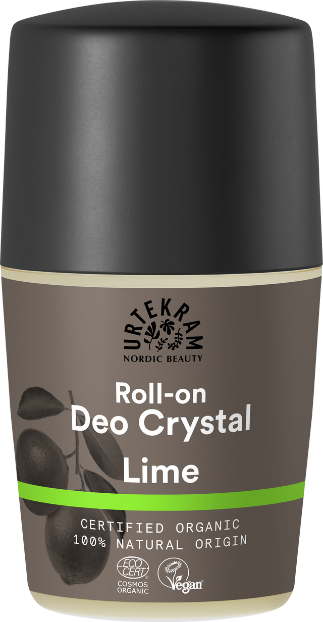 A roll-on deodorant with a brown and black label featuring lime illustrations, a green stripe, and organic and vegan certifications.