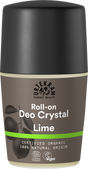 A roll-on deodorant with a brown and black label featuring lime illustrations, a green stripe, and organic and vegan certifications.