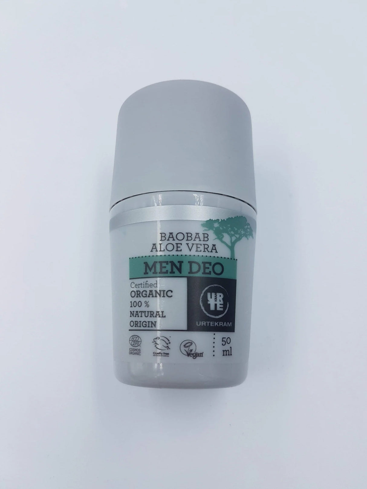 50ml grey roll-on bottle of Urtekram Men Deo with baobab and aloe vera, featuring organic, vegan, and cruelty-free logos.