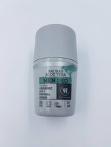 50ml grey roll-on bottle of Urtekram Men Deo with baobab and aloe vera, featuring organic, vegan, and cruelty-free logos.