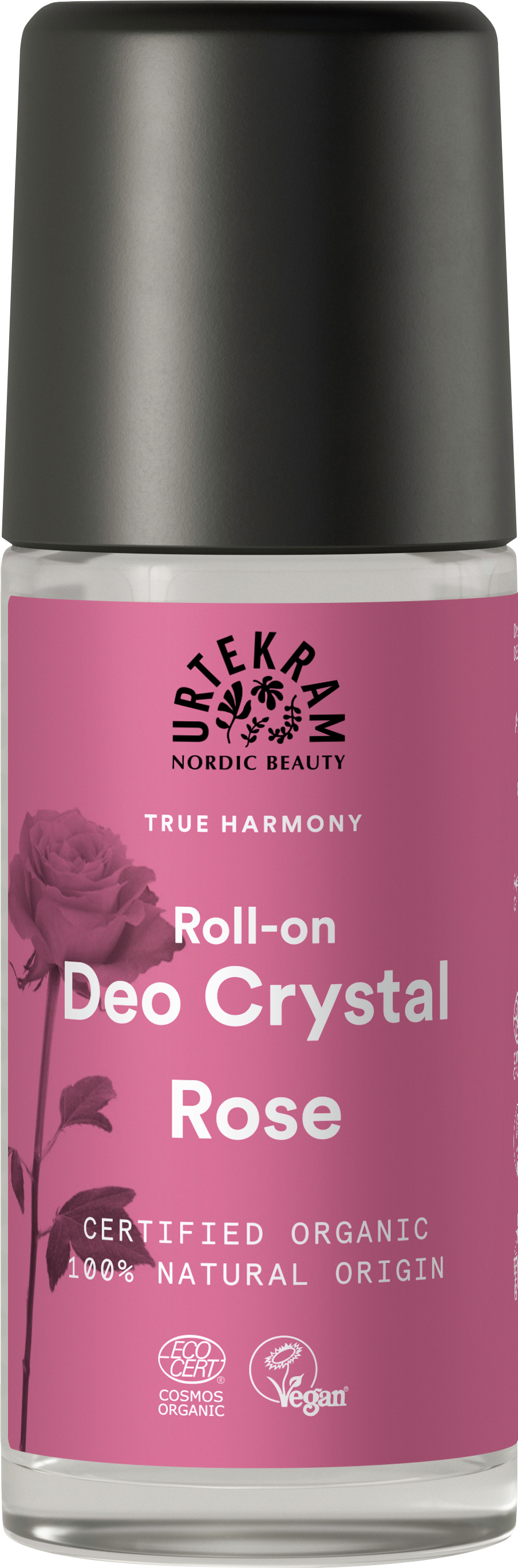A glass roll-on deodorant bottle with a pink label featuring a rose illustration, Urtekram branding, and organic and vegan certifications.