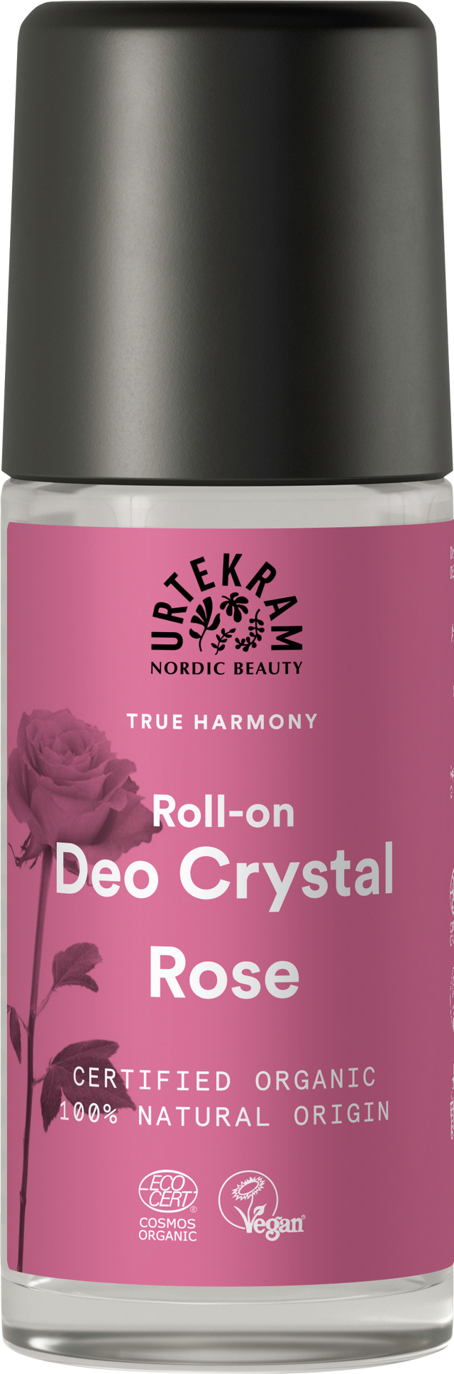 A glass roll-on deodorant bottle with a pink label featuring a rose illustration, Urtekram branding, and organic and vegan certifications.