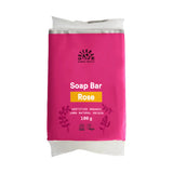 100g pink package of Urtekram Rose Soap Bar with "Rose" in a yellow banner and organic certification logos.