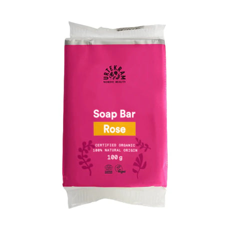 100g pink package of Urtekram Rose Soap Bar with "Rose" in a yellow banner and organic certification logos.