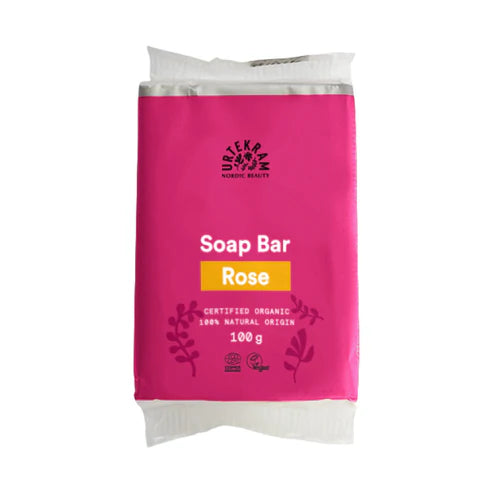 100g pink package of Urtekram Rose Soap Bar with "Rose" in a yellow banner and organic certification logos.