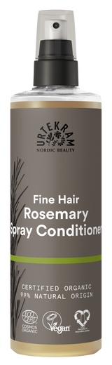 A grey spray bottle of Urtekram Rosemary Spray Conditioner for fine hair, featuring a rosemary sprig illustration, green stripe, and organic and vegan logos.