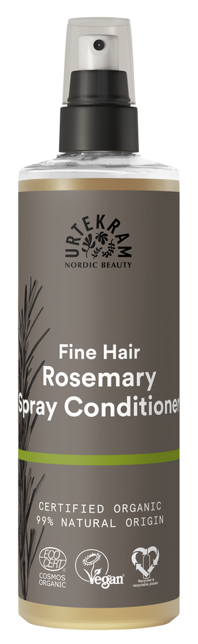 A grey spray bottle of Urtekram Rosemary Spray Conditioner for fine hair, featuring a rosemary sprig illustration, green stripe, and organic and vegan logos.