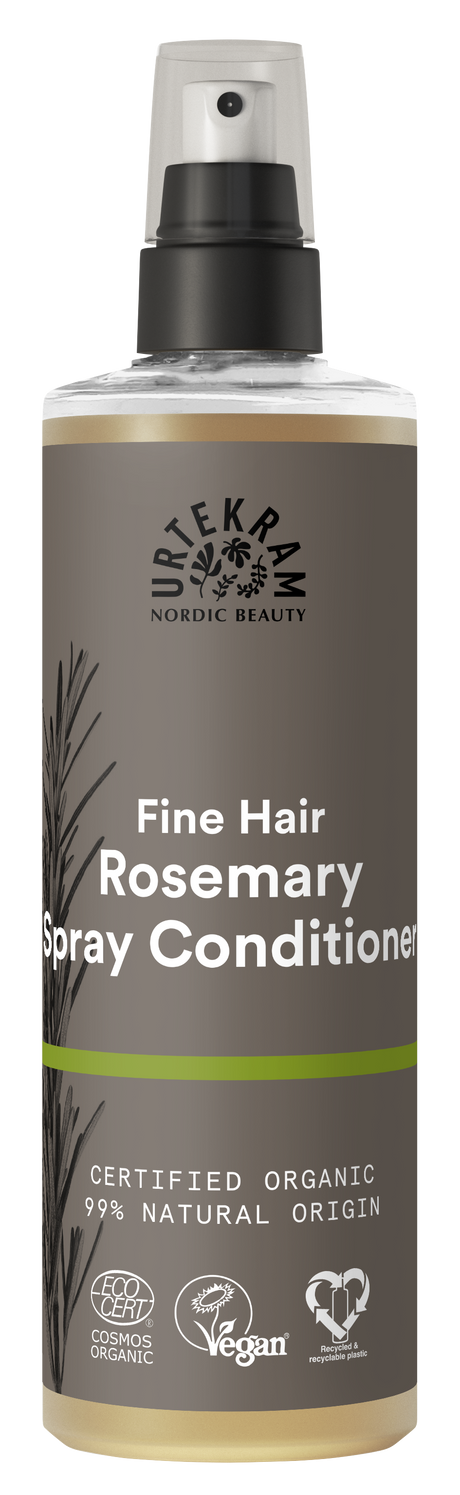 A grey spray bottle of Urtekram Rosemary Spray Conditioner for fine hair, featuring a rosemary sprig illustration, green stripe, and organic and vegan logos.