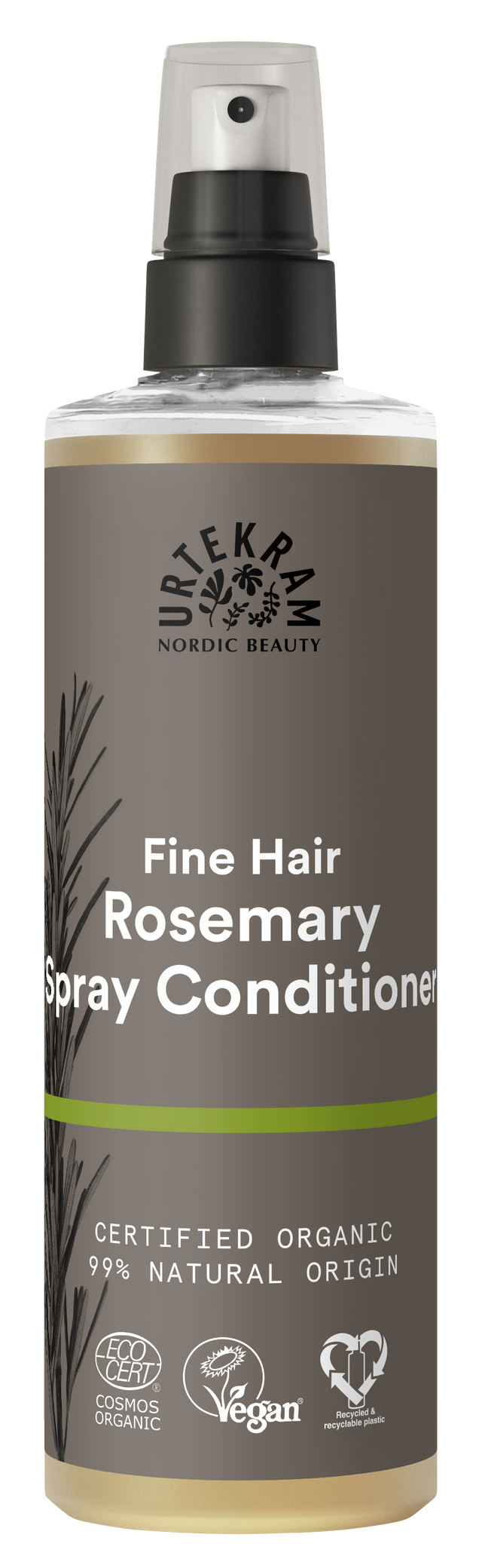 A grey spray bottle of Urtekram Rosemary Spray Conditioner for fine hair, featuring a rosemary sprig illustration, green stripe, and organic and vegan logos.