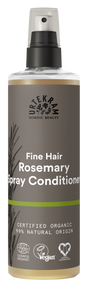 A grey spray bottle of Urtekram Rosemary Spray Conditioner for fine hair, featuring a rosemary sprig illustration, green stripe, and organic and vegan logos.