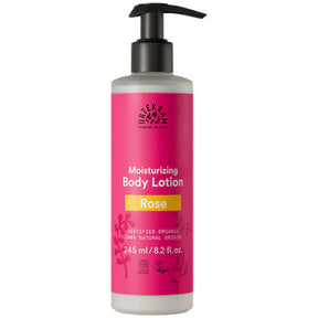 245ml pump bottle of Urtekram Rose Body Lotion with a pink label, yellow "Rose" banner, and organic logos.