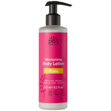 245ml pump bottle of Urtekram Rose Body Lotion with a pink label, yellow "Rose" banner, and organic logos.