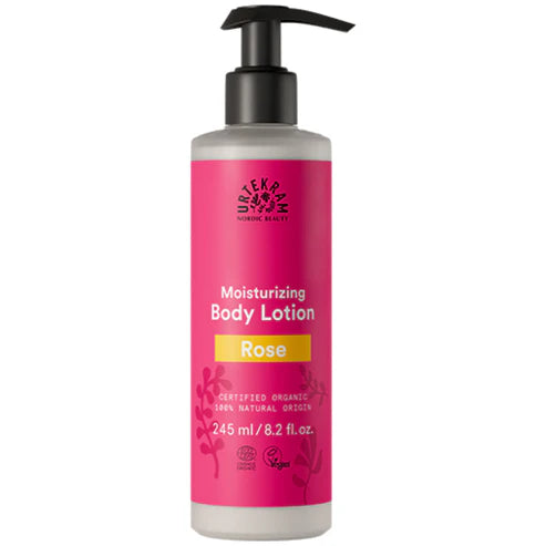 245ml pump bottle of Urtekram Rose Body Lotion with a pink label, yellow "Rose" banner, and organic logos.