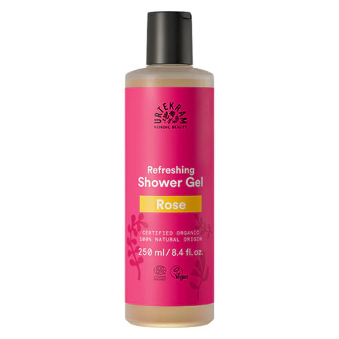 250ml bottle of Urtekram Rose Shower Gel with a pink label, yellow "Rose" banner, and organic and vegan logos.