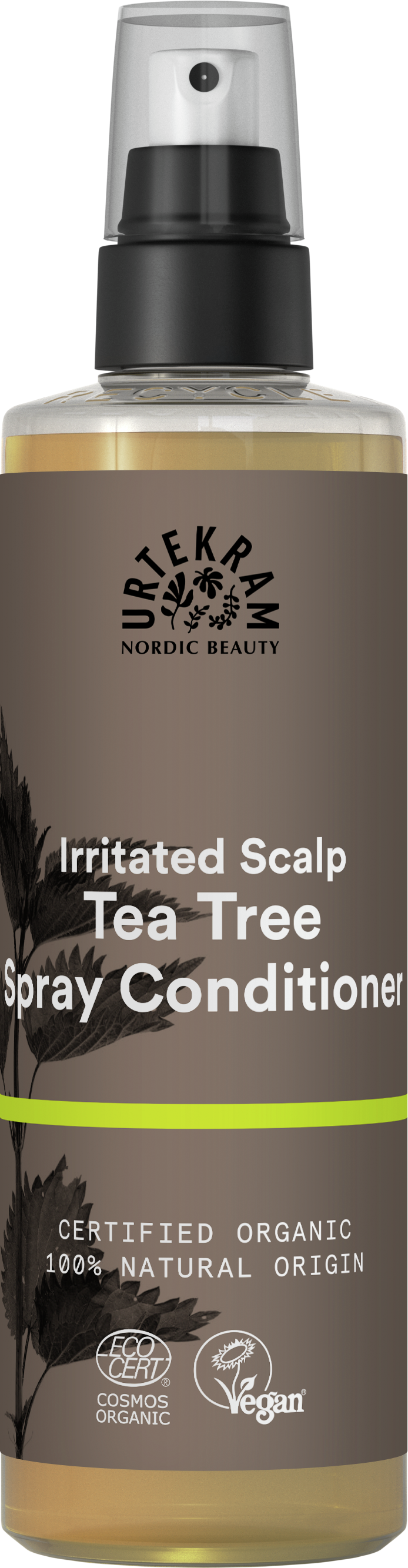A brown spray bottle of Urtekram Tea Tree Spray Conditioner for irritated scalp, featuring plant illustrations, a lime green stripe, and organic and vegan logos.