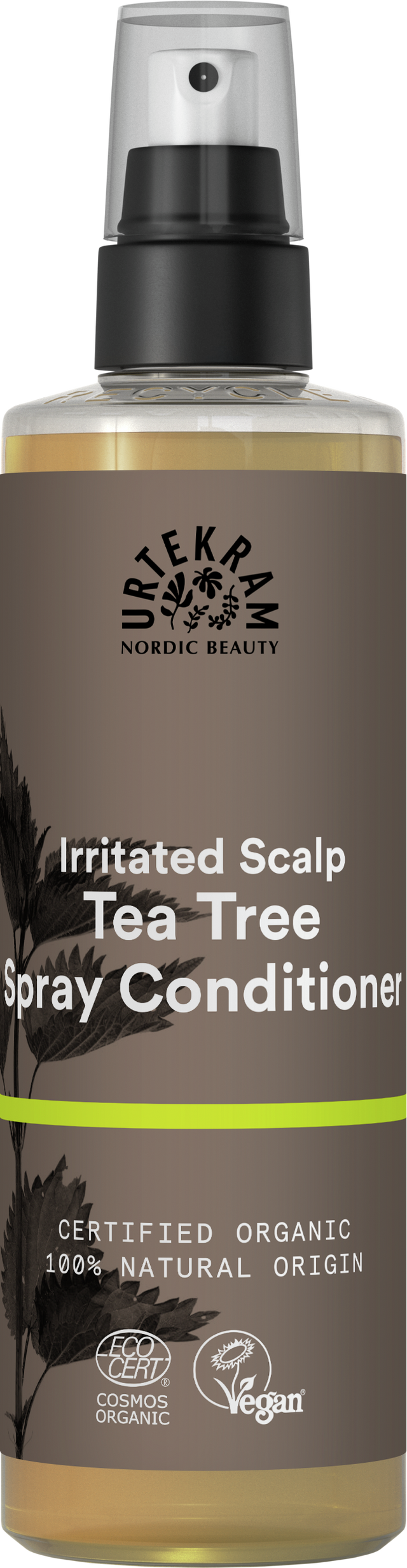 A brown spray bottle of Urtekram Tea Tree Spray Conditioner for irritated scalp, featuring plant illustrations, a lime green stripe, and organic and vegan logos.