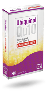 Quest Platinum Excellence Ubiquinol Qu10, a dietary supplement containing 100mg Ubiquinol and 10mg Vitamin B6, suitable for vegans, in a 30-tablet pack.