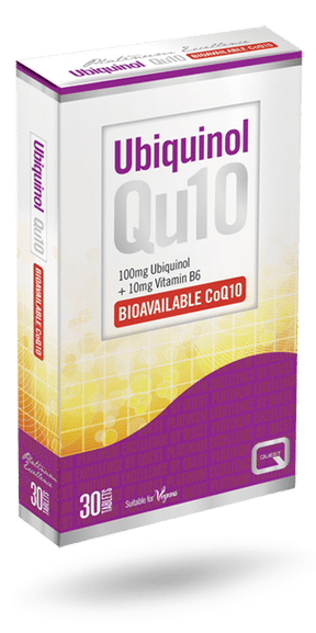 Quest Platinum Excellence Ubiquinol Qu10, a dietary supplement containing 100mg Ubiquinol and 10mg Vitamin B6, suitable for vegans, in a 30-tablet pack.