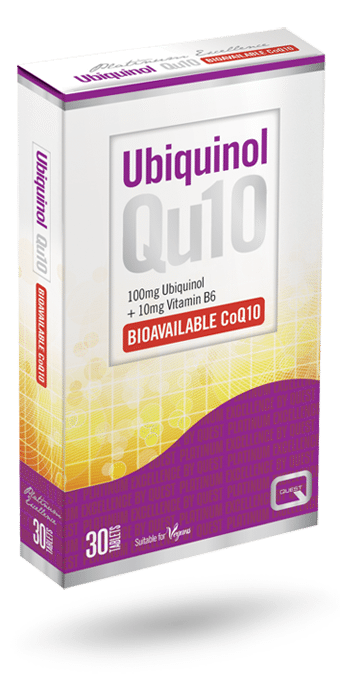 Quest Platinum Excellence Ubiquinol Qu10, a dietary supplement containing 100mg Ubiquinol and 10mg Vitamin B6, suitable for vegans, in a 30-tablet pack.