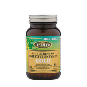 Udo's Choice High Strength Digestive Enzymes Gold featuring 60 vegetarian capsules in a dark amber glass bottle.