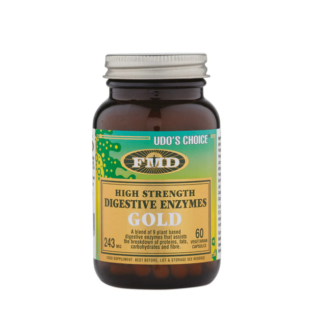Udo's Choice High Strength Digestive Enzymes Gold featuring 60 vegetarian capsules in a dark amber glass bottle.