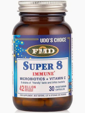 Udo’s Choice Super 8 Immune microbiotics with Vitamin C in a 30-count vegetarian capsule bottle, featuring 8 strains of lacto and bifido bacteria with 42 billion viable cells