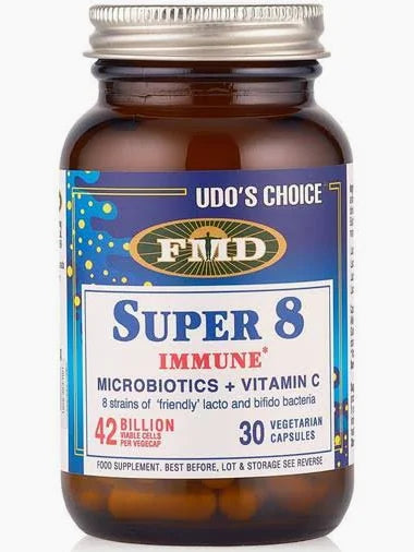 Udo’s Choice Super 8 Immune microbiotics with Vitamin C in a 30-count vegetarian capsule bottle, featuring 8 strains of lacto and bifido bacteria with 42 billion viable cells