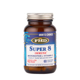 Udo’s Choice Super 8 Immune microbiotics with Vitamin C in a 60-count vegetarian capsule bottle, featuring 8 strains of lacto and bifido bacteria with 42 billion viable cells
