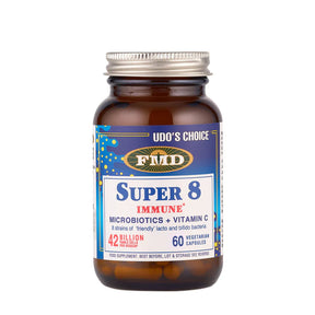 Udo’s Choice Super 8 Immune microbiotics with Vitamin C in a 60-count vegetarian capsule bottle, featuring 8 strains of lacto and bifido bacteria with 42 billion viable cells