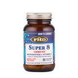 A dark amber glass bottle of Udo's Choice Super 8 Immune supplement with a silver screw cap and a blue and white label detailing 42 billion viable cells and 8 strains of bacteria.