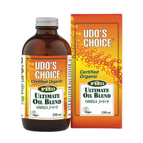 Udo's Choice Ultimate Oil Blend 250ml certified organic Omega 3 6 9 oil.