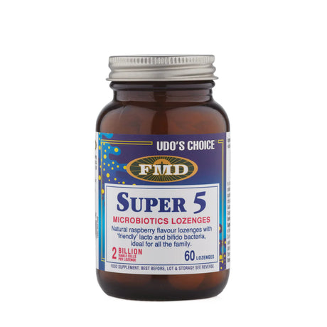 Udo’s Choice Super 5 Microbiotic Lozenges for oral health and immune support raspberry flavor 60 lozenges.