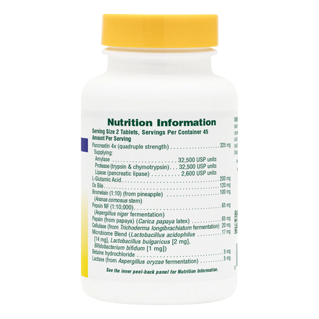 Back label of NaturesPlus Ultra-Zyme supplement bottle showing nutrition facts, serving size of 2 tablets, and a list of enzymes including Pancreatin 4x, Pepsin, Ox Bile, and Bromelain.