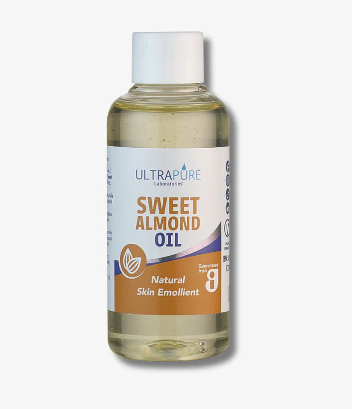 A bottle of ULTRAPURE Laboratories Sweet Almond Oil natural skin emollient.