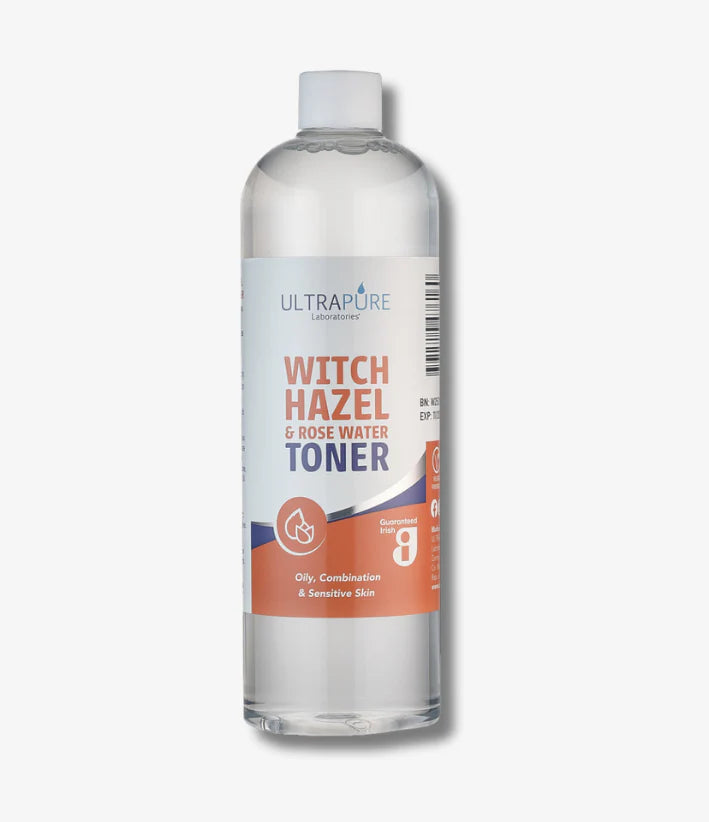 A bottle of ULTRAPURE Laboratories Witch Hazel & Rose Water facial toner.
