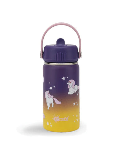 Cheeki stainless steel water bottle for kids, featuring a purple-to-yellow gradient design with unicorn and star illustrations, a purple lid, and a pink carry handle.