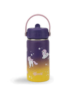 Cheeki stainless steel water bottle for kids, featuring a purple-to-yellow gradient design with unicorn and star illustrations, a purple lid, and a pink carry handle.