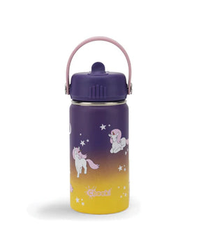 Cheeki stainless steel water bottle for kids, featuring a purple-to-yellow gradient design with unicorn and star illustrations, a purple lid, and a pink carry handle.