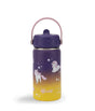Cheeki stainless steel water bottle for kids, featuring a purple-to-yellow gradient design with unicorn and star illustrations, a purple lid, and a pink carry handle.