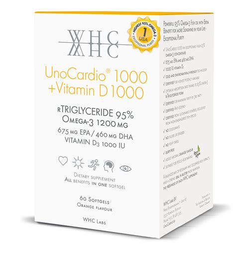 WHC UnoCardio 1000 high potency Omega-3 fish oil 60 softgels with Vitamin D3 for heart brain and immune support.