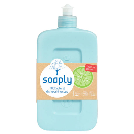Soaply 100% natural dishwashing soap in 'Fresh tingle of lime' scent, featuring a pH-balanced, vegan, and Ecocert-certified formula in a zero-plastic bottle.