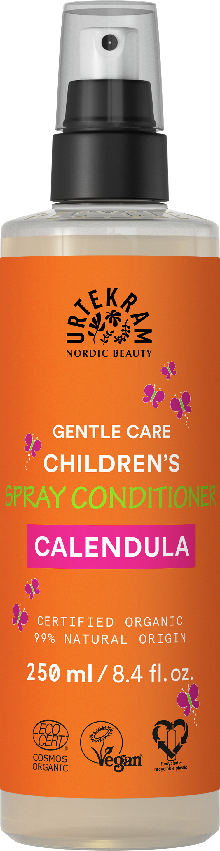 Orange bottle of Urtekram Calendula Children's Spray Conditioner featuring butterfly graphics, a black pump, and clear cap.
