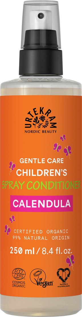Orange bottle of Urtekram Calendula Children's Spray Conditioner featuring butterfly graphics, a black pump, and clear cap.