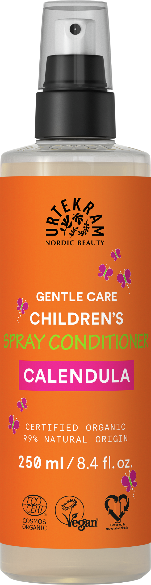 Orange bottle of Urtekram Calendula Children's Spray Conditioner featuring butterfly graphics, a black pump, and clear cap.