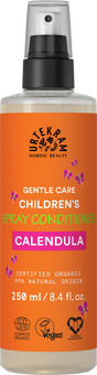Orange bottle of Urtekram Calendula Children's Spray Conditioner featuring butterfly graphics, a black pump, and clear cap.