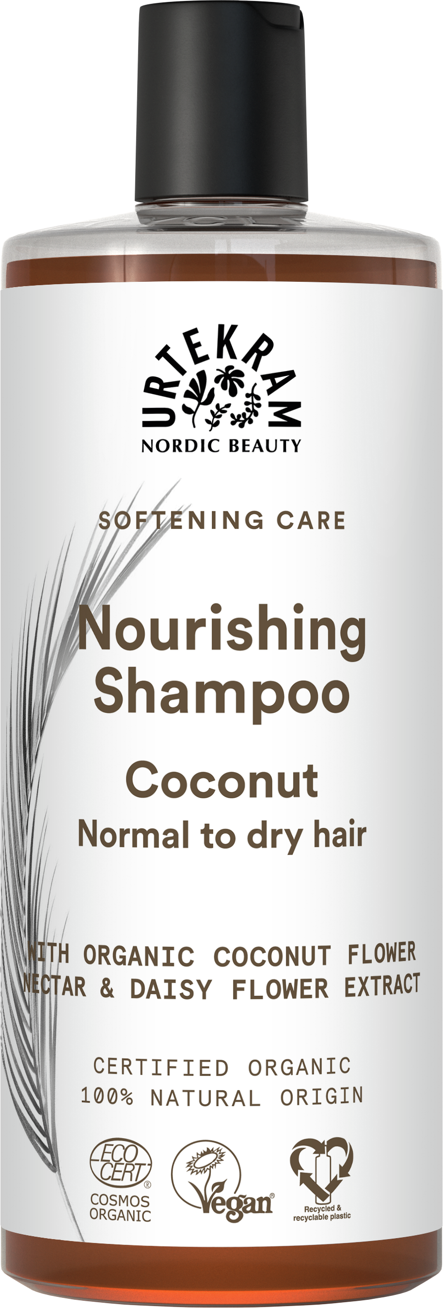 White bottle of Urtekram Nourishing Coconut Shampoo with a black cap, featuring brown text and botanical illustrations.