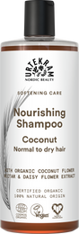 White bottle of Urtekram Nourishing Coconut Shampoo with a black cap, featuring brown text and botanical illustrations.