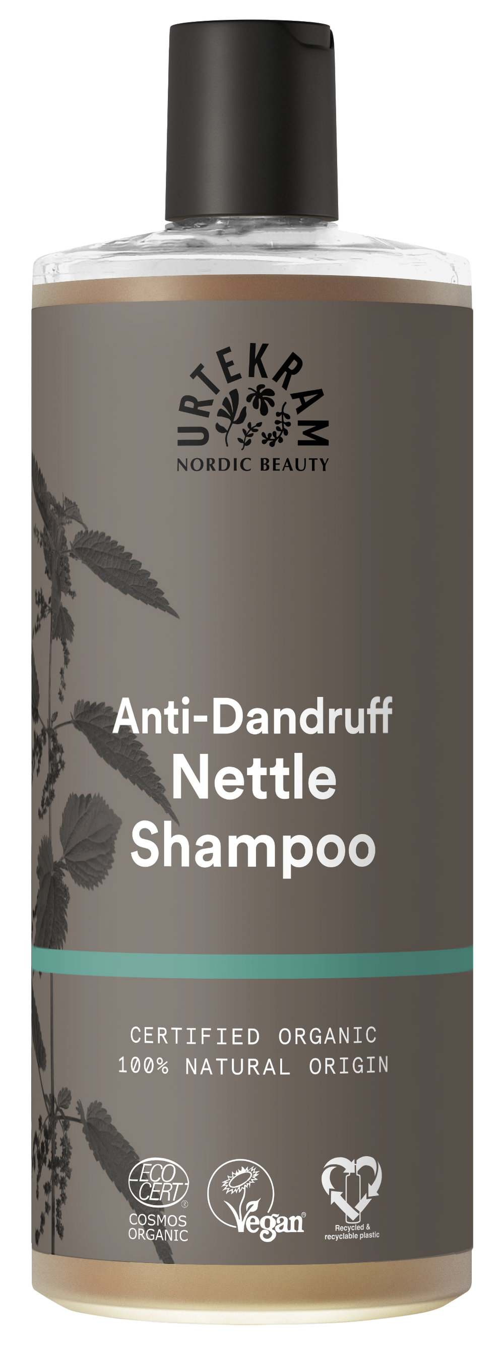 Grey bottle of Urtekram Anti-Dandruff Nettle Shampoo featuring a black cap and certified organic natural labels.