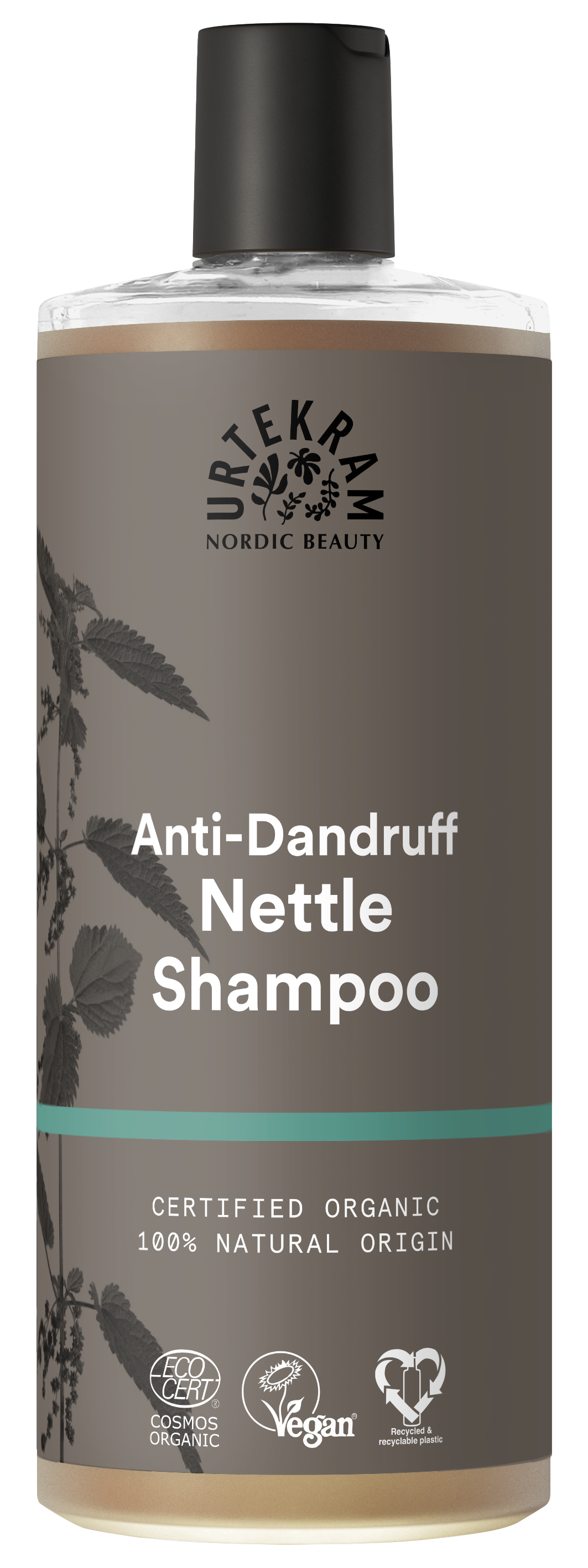 Grey bottle of Urtekram Anti-Dandruff Nettle Shampoo featuring a black cap and certified organic natural labels.