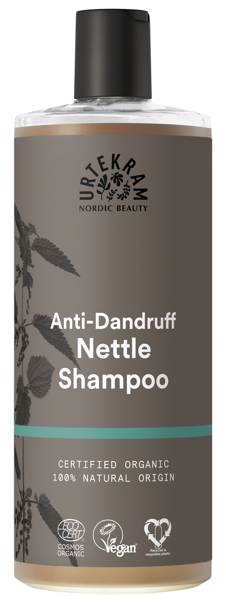 Grey bottle of Urtekram Anti-Dandruff Nettle Shampoo featuring a black cap and certified organic natural labels.